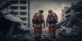 Rescuer in uniform searching for survivor in city building ruin from earthquake