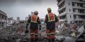 Rescuer in uniform searching for survivor in city building ruin from earthquake