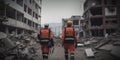 Rescuer in uniform searching for survivor in city building ruin from earthquake