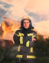 Rescuer in uniform and helmet. Professional firefighter
