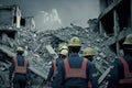 Rescuers in uniform and helmets dismantle the rubble of houses after the earthquake, the ruined city and multi-storey