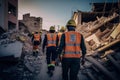 Rescuers in uniform and helmets dismantle the rubble of houses after the earthquake, the ruined city and multi-storey