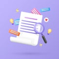Research application elements. Finding information with magnifying glass. Online library. Paper document study. 3D Royalty Free Stock Photo