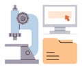 Laboratory Microscope, Computer Screen, and Document Folder Research and Data Analysis Royalty Free Stock Photo