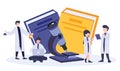 Research and development vector flat digital illustration. Scientist people working with microscope and huge books. Microbiology