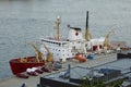 Research and icebreaking ship in river in Quebec City, Canada with blue water Royalty Free Stock Photo