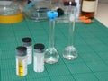 Research lab desk with samples in test-tubes Royalty Free Stock Photo
