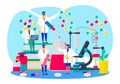 Research in laboratory concept, vector illustration. Scientist man woman charcater make experiment in lab, chemistry Royalty Free Stock Photo