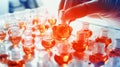 Hand of a researcher with small reagent bottles with fluid in the chemistry laboratory. Generative Ai