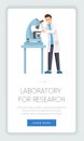 Research laboratory mobile webpage template. Lab worker, chemist, pharmacologist using microscope cartoon character