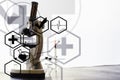 Research laboratory. Test tubes and microscope on the table. Double exposure Royalty Free Stock Photo