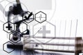 Research laboratory. Test tubes and microscope on the table. Double exposure. Royalty Free Stock Photo