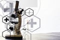 Research laboratory. Test tubes and microscope on the table. Double exposure. Royalty Free Stock Photo