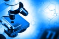 Research microscope with molecule structural formula - research