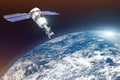 Research, probing, monitoring of in atmosphere. Satellite above the Earth makes measurements of the weather parameters. Elements o Royalty Free Stock Photo