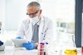 Research, science and tablet with mature man in laboratory for breakthrough, experiment or innovation. Medical Royalty Free Stock Photo