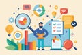 Research strategy illustration featuring a central figure analyzing data with various elements related to analytics, analysis, and Royalty Free Stock Photo