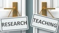 Research or teaching as a choice in life - pictured as words Research, teaching on doors to show that Research and teaching are