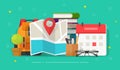 Research travel or business trip destination planning or schedule date vector illustration, flat cartoon map route and