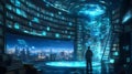 Researcher exploring futuristic circular library with holographic data stream