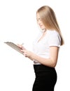 Researcher in formal business attire writes information on clipboard, isolated on white Royalty Free Stock Photo