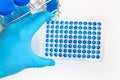 Researcher hand holding microplate