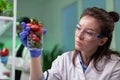 Researcher holding glas with strawberry injected with pesticides Royalty Free Stock Photo