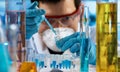 Researcher holding test tube for analysis with chemist material in the investigation lab Royalty Free Stock Photo