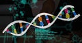Researcher manipulating touchscreen tabletop in lab, with floating DNA helix and code overlays Royalty Free Stock Photo