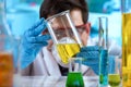 Researcher measuring sample in beaker of liquids in the research lab Royalty Free Stock Photo