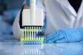 Biochemical engineer working with fluid samples in plate multi well in the laboratory Royalty Free Stock Photo