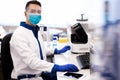 Researcher in protective medical mask working in science lab Royalty Free Stock Photo