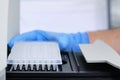 A researcher putting PCR plate on the thermal cycler for DNA amplification Royalty Free Stock Photo