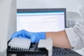 A researcher putting PCR plate on the thermal cycler for DNA amplification. Curve chart on monitor behind on focus