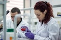 Researcher or scientist or doctoral student pours red and green