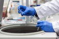 Researcher or scientist or phd student working in a biotechnology laboratory sampling DNA in a test tube with centrifuge Royalty Free Stock Photo