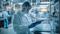 Researcher in a sterile lab using a digital tablet. Royalty Free Stock Photo