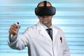 Researcher wearing virtual reality glasses conducting a work rem