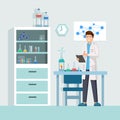Researcher at work vector illustration. Male lab worker taking notes, describing test, chemical reaction cartoon