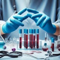 Close-up of a doctor hands with gloves working in a blood testing laboratory. Generative Ai