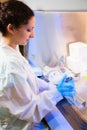 Researcher works at lab in a laminar box Royalty Free Stock Photo