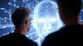 Researchers examine holographic AI head with data overlay, Engineers collaboratively study holographic AI head with data Royalty Free Stock Photo