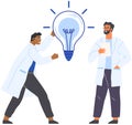 Researchers in search of solutions, strategy plan, project creation. People in lab coats create plan