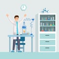 Researchers success flat vector illustration. Happy scientist, chemist excited about successful experiment. Cartoon