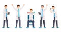 Researches flat vector characters set. Happy researchers wearing white coats cartoon characters. Cheerful lab workers