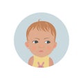 Resentful child emoticon. Cute offended baby emoji. Discontent toddler smiley expression.