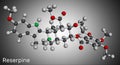 Reserpine alkaloid molecule. It is antihypertensive drug, used for the treatment of high blood pressure. Molecular model. 3D