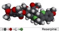Reserpine alkaloid molecule. It is antihypertensive drug, used for the treatment of high blood pressure. Molecular model. 3D