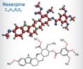 Reserpine alkaloid molecule. Structural chemical formula, molecule model.