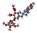 Reserpine alkaloid molecule. Isolated from Rauwolfia serpentina (Indian snakeroot). 3D rendering. Atoms are represented as spheres